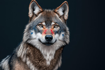 Fototapeta premium Vibrant Wolf Portrait, striking wolf illustration enhanced with red and blue splashes against a deep black backdrop, captivating and bold imagery
