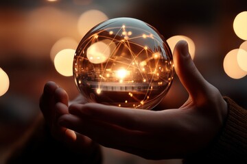 A pair of hands hold a glowing sphere representing worldwide digital networks and global interconnectivity, with visible nodes and beams of light within the sphere.