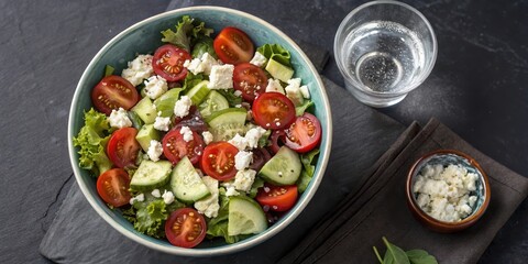 A refreshing bowl of vibrant salad with cucumbers, tomatoes, and feta cheese, perfect for a healthy and light meal.