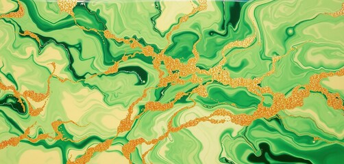 Fototapeta premium Abstract background with a mesmerizing blend of green and beige liquid acrylic paint, infused with intricate gold glitter accents