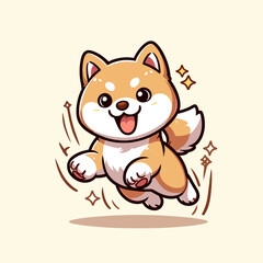 Adorable Cartoon Shiba Inu Joyfully Jumping with Sparkles. Dog Vector.