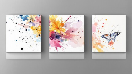 Modern Triptych Art Minimalist butterfly flower-themed abstract wall panels with vivid color splashes on a clean white background, balanced composition, and sleek contemporary aesthetic