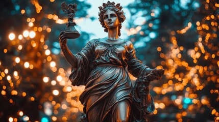 Majestic Bronze Statue Woman Holding Torch Festive Lights Background