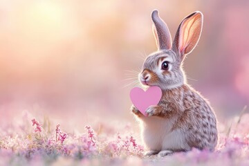 Fototapeta premium Bunny Offering Heart-Shaped Card Pastel Garden Digital Art Springtime Close-Up Love Gesture