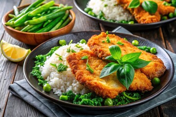 Crispy Fish Chops with Rice, Greens & Sauce - Delicious Recipe