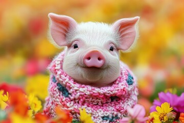 Playful Pastel Piglet Flower Field Animal Portrait Vibrant Environment Close-Up Cute Concept