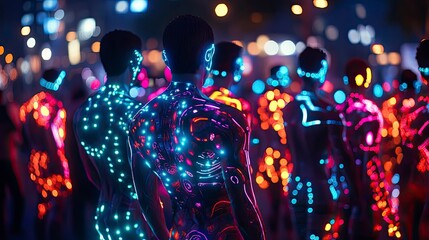 Augmented reality filter capturing a couple's midnight kiss, surrounded by a vibrant burst of virtual fireworks and floating text.