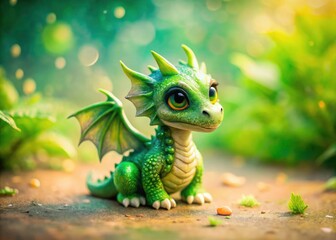 Fototapeta premium Cute Green Dragon Watercolor Illustration, Tilt-Shift Miniature Dragon, Fantasy Dragon Painting, Green Dragon Art, Adorable Dragon Artwork
