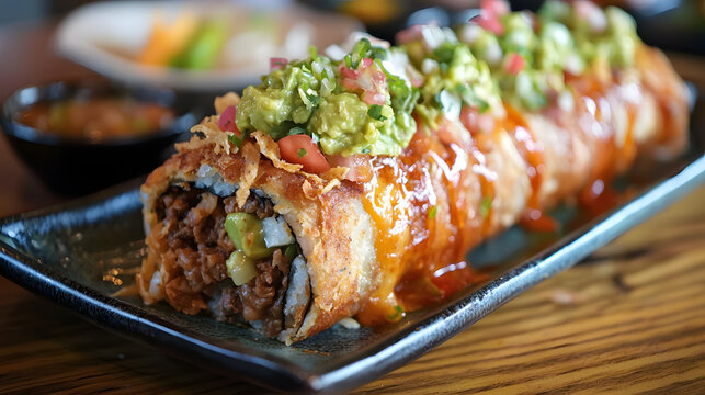 Delicious deep fried burrito filled with savory ingredients, topped with guacamole, salsa, and fresh vegetables, served on stylish plate