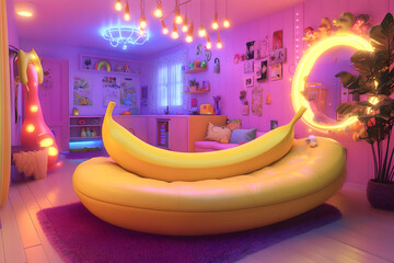 Dopamine Decor. Whimsical interior with a banana-shaped sofa, vibrant neon lighting, pink walls,...