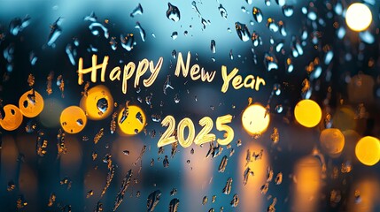 Toasting shimmering water droplets forming Happy New Year 2025 on a clear glass surface.