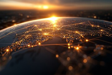A futuristic glowing network grid envelops the Earth's surface, symbolizing global connectivity, technological integration, and the possibilities of the digital future.