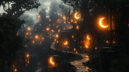 Magical crescent moonlit path in a mystical jungle.