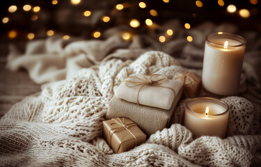 Creative template concept. Elegant wrapped gifts presents bow and burning candles on wool cashmere blanket on warm soft lighting bokeh background . Mock up presentation. copy text space.