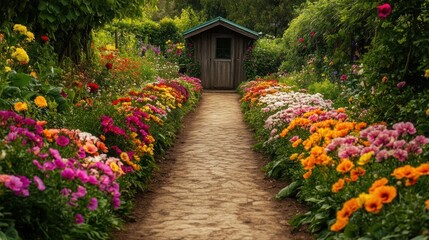 A stunning garden pathway lined with colorful flowers, leading to a picturesque garden shed surrounded by greenery.