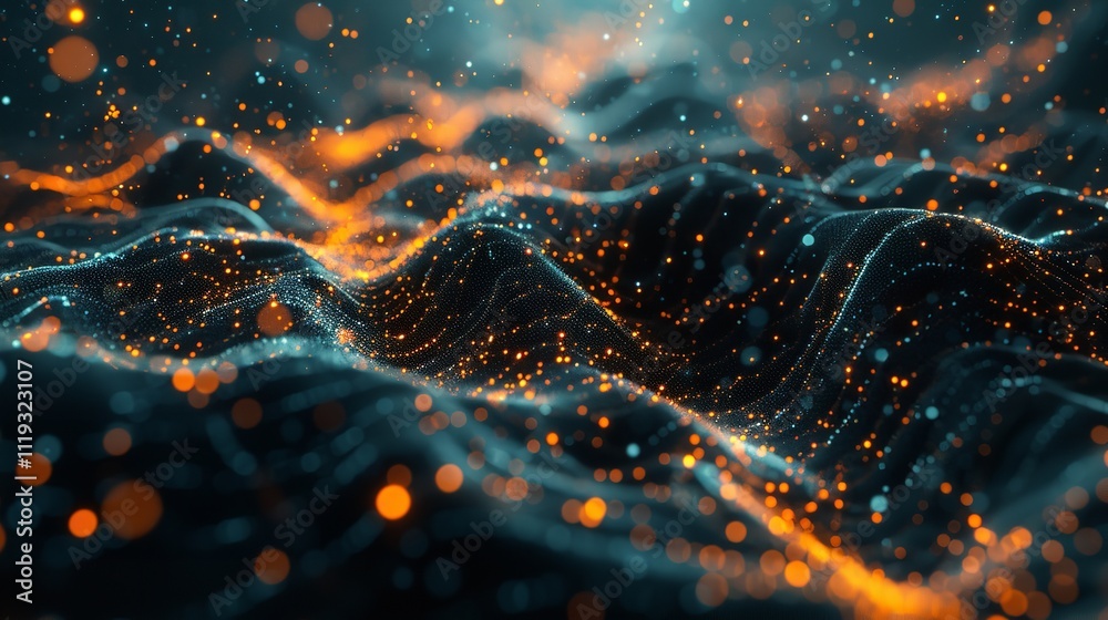 Poster cyber big data flow and blockchain data fields in a 3d illustration. digital waves and particles.