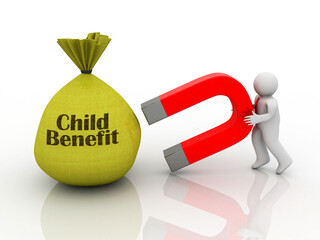 
3d illustration child benefit in Sack attracted people