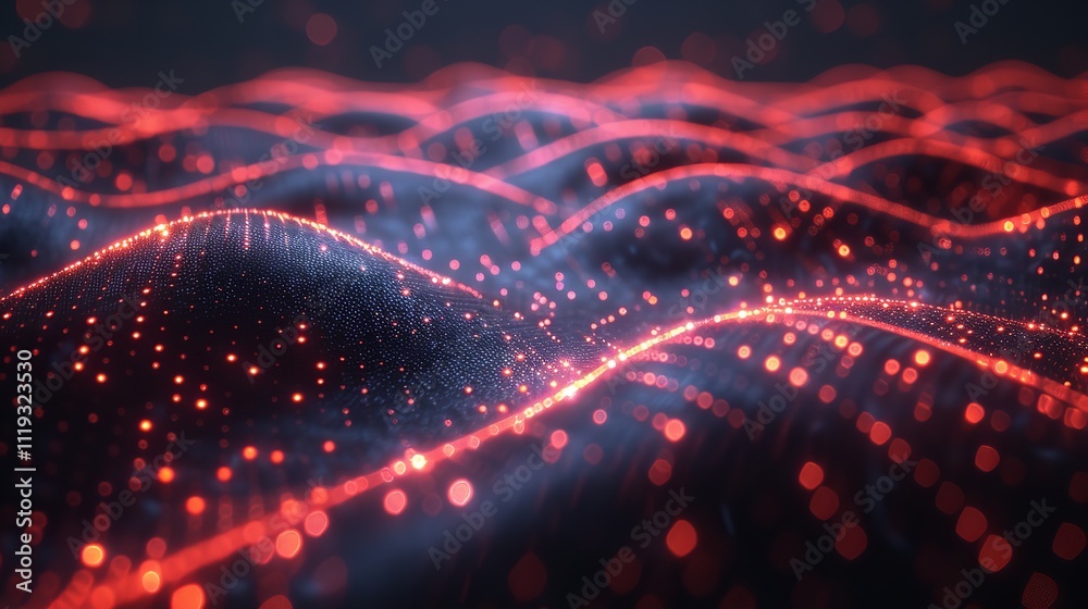 Leinwandbilder Cyber big data flow and blockchain data fields in a 3D illustration. Digital waves and particles.