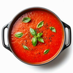 Saucepan of tomato cream soup isolated on white background, top view.