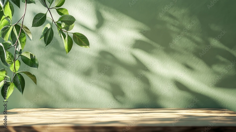 Poster sunlight illuminates a rustic wooden table, casting soft shadows against a serene green backdrop. fr