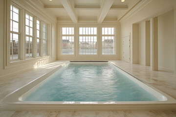 Indoor swimming pool in a luxury house with natural light.