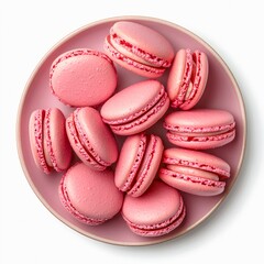 Plate of pink macarons isolated on white background, top view.