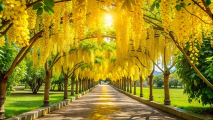 Naklejka premium Golden Cassia Canopy Walkway Spring Garden
