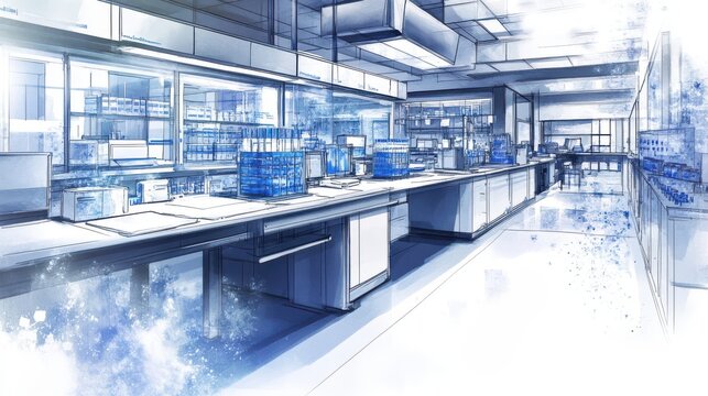 Laboratory research process modern science lab digital artwork clean environment aerial innovation