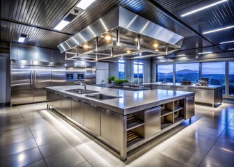Empty Modern Commercial Kitchen Island Night Photography - Restaurant Interior Design