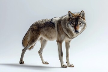 Studio photo of a wolf isolated against a white background. Wildlife and conservation concept, space for copy.