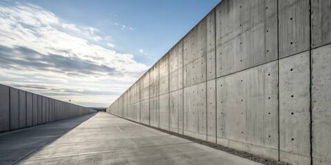 Fototapeta premium A long, straight concrete pathway flanked by tall, textured walls under a partly cloudy sky