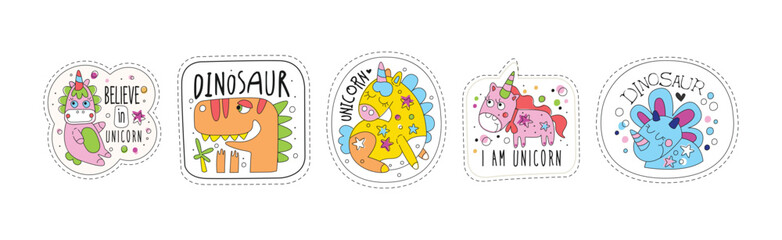 Cute Dinosaur and Unicorn Sticker and Patches Vector Set