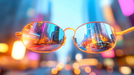 Reflections of a Vibrant City in Sunglasses at Twilight Showcasing Urban Lights and Skyscrapers