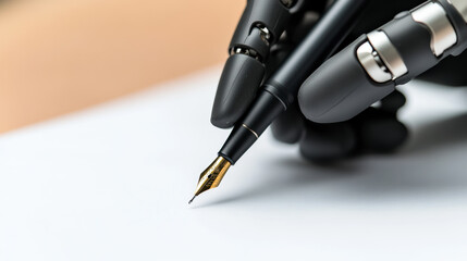 Fototapeta premium Robotic Hand Skillfully Using a Fountain Pen to Write on a Blank Sheet of Paper in a Modern Setting