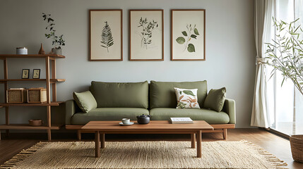 Fototapeta premium modern Japanese living room featuring olive green sofa, wooden coffee table, and botanical wall art. space exudes tranquility and style