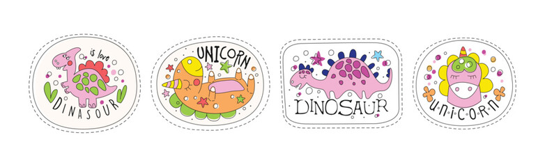 Cute Dinosaur and Unicorn Sticker and Patches Vector Set