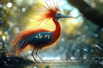 A colorful bird standing on a rock in the water