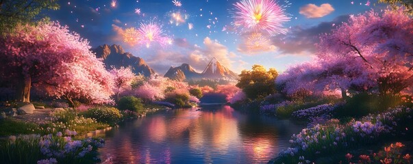 A serene and colorful landscape featuring cherry blossom trees by a shimmering river under a starry sky