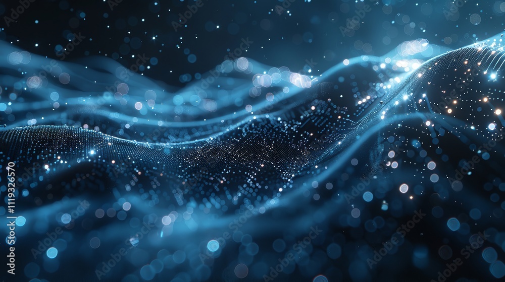 Poster cyber big data flow and blockchain data fields in a 3d illustration. digital waves and particles.
