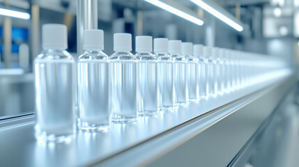 Bottles on Production Line Show Process of Quality Control in Factory for Beverage Manufacturing With Clear Liquids Ready for Packaging