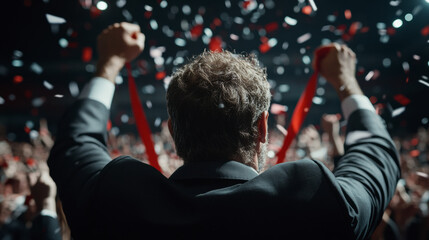 Speaker Celebrating a Victorious Moment in Front of an Enthusiastic Crowd During a Political Rally in a Large Indoor Venue at Night