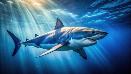 Obraz premium Great White Shark in Ocean Depths - Stunning Drone Photography of Marine Life, Underwater Predator, Ocean Exploration, Wildlife Adventure, Shark Behavior, Nature's Majesty