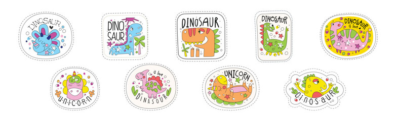 Cute Dinosaur and Unicorn Sticker and Patches Vector Set