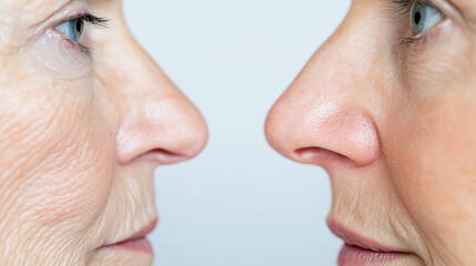 Obraz premium Two Women Facing Each Other in a Close-Up View Highlighting Their Facial Features and Expressions in a Neutral Setting