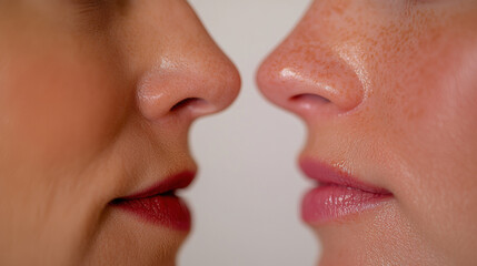 Obraz premium Close-up of Two Women Showcasing the Beauty of Diverse Facial Features and Expressions in a Soft, Natural Setting With Neutral Colors