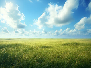 Fototapeta premium green field on a sunny day with big clouds in the sky