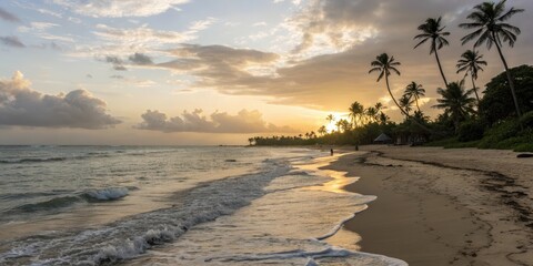Serene Sunset Over a Tropical Beach with Palm Trees and Gentle Waves