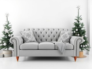 Obraz premium Living room mock up with grey armchair, fur pillow, Christmas tree on white background, fur pillow, white background