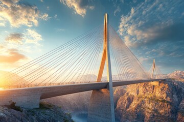 Obraz premium A stunning cable-stayed bridge spanning a canyon, illuminated by a sunset.