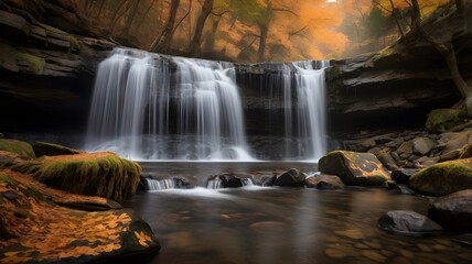 Obraz premium Serene Waterfall in Autumn Foliage